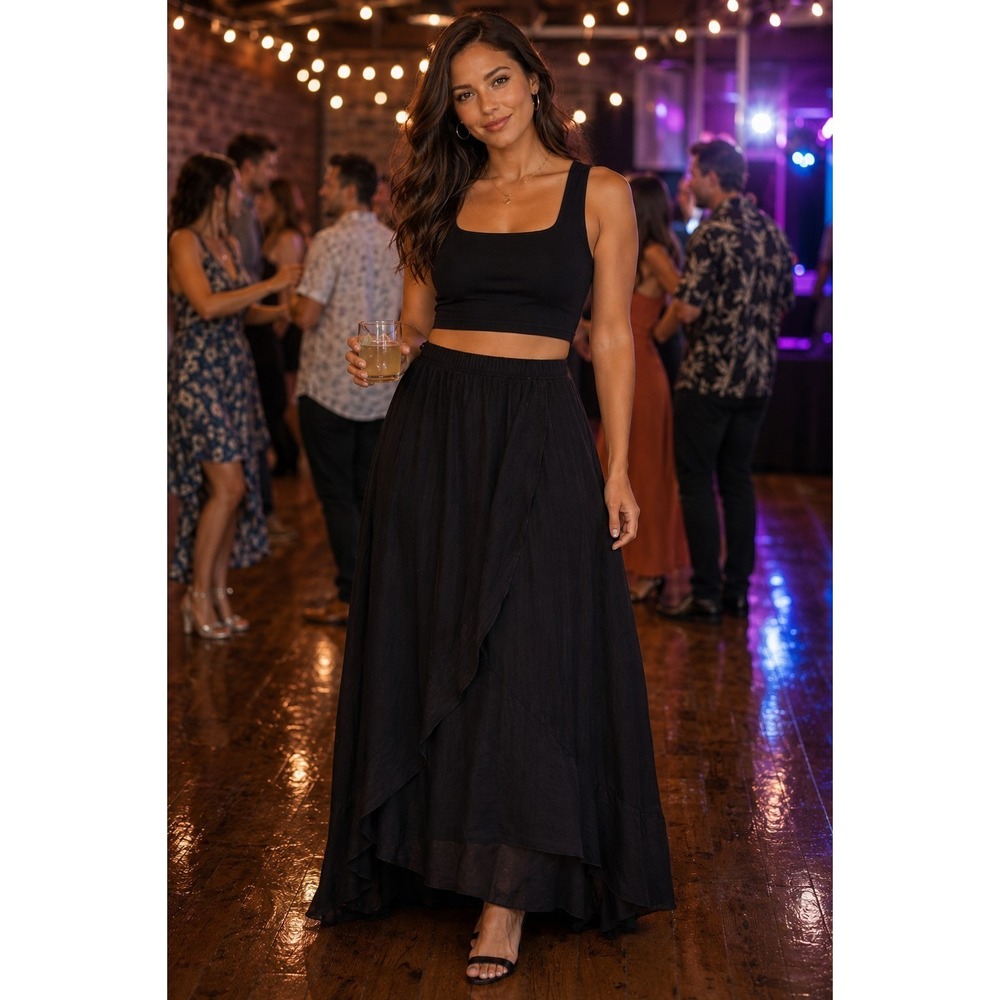 SPENSE Medium Black High Low Wrap Maxi Skirt -2412